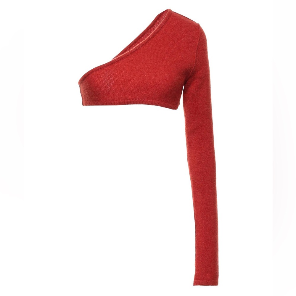 New with tags Woman’s Rick Owens cashmere wool blend Red one sleeve crop sweater - Picture 2 of 8